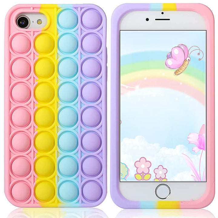 Pop It Phone Case for iPhone 8 7 6,Stress Reliever Push Pop Bubble Fidget Toys Cover,Cute Funny Soft Silicone Protective Shell for iPhone SE 4.7 inch - Rainbow