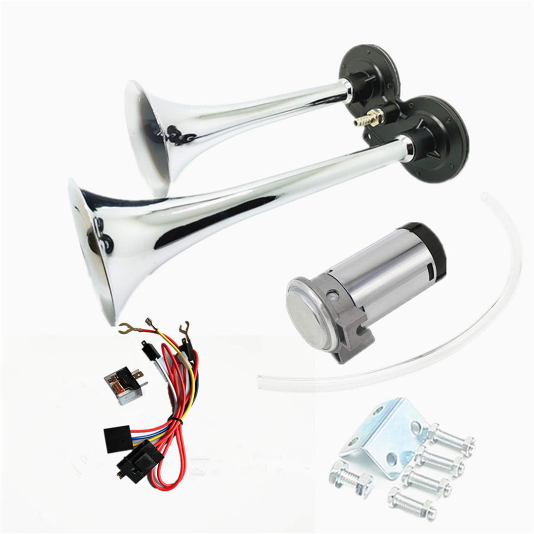 Air Horn Car Horn 12V 150db Truck Horn Chrome Zinc Dual Trumpet Air Horn with Compressor Loudspeaker Silver Super Loud Horn for Any 12V Vehicles Trucks Lorrys Trains Boats Cars Vans ect