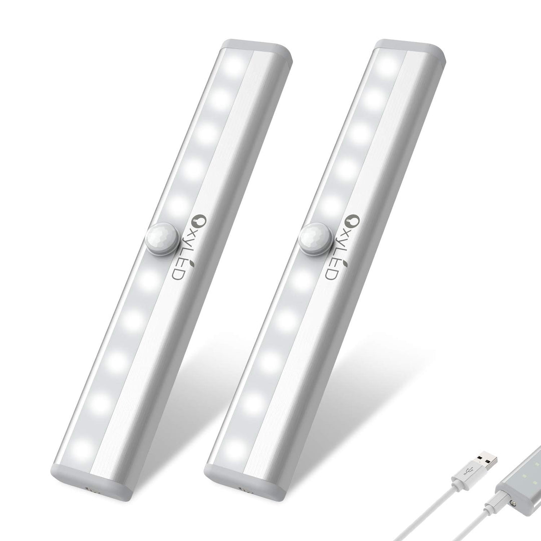 Under Cabinet Lighting, USB Rechargeable Motion Sensor Closet Light, Wireless Magnetic Stick-on Cordless 10 LED Night Light Bar for Closet Cabinet Wardrobe Stairs, 2 Pack