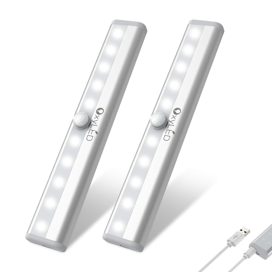 Under Cabinet Lighting, USB Rechargeable Motion Sensor Closet Light, Wireless Magnetic Stick-on Cordless 10 LED Night Light Bar for Closet Cabinet Wardrobe Stairs, 2 Pack