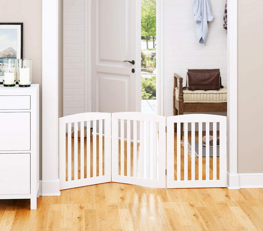 Wooden Freestanding Foldable Pet Gate for Dogs, 24 inch 3 Panels Step Over Fence, Dog Gate for The House, Doorway, Stairs, Extra Wide (White, 24 Height-3 Panels)
