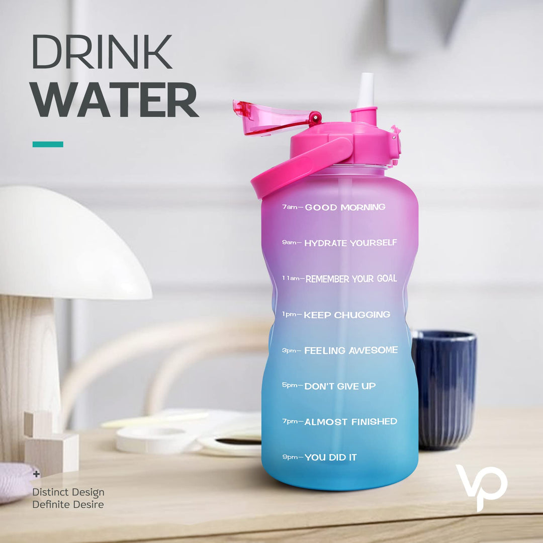 1 Gallon Large Motivational Sports Water Bottle with Time Marker & Straw, Leakproof BPA Free Reusable Fitness Water Jug for Gym,Work and Outdoor Sports-Ombre Fuschia Green
