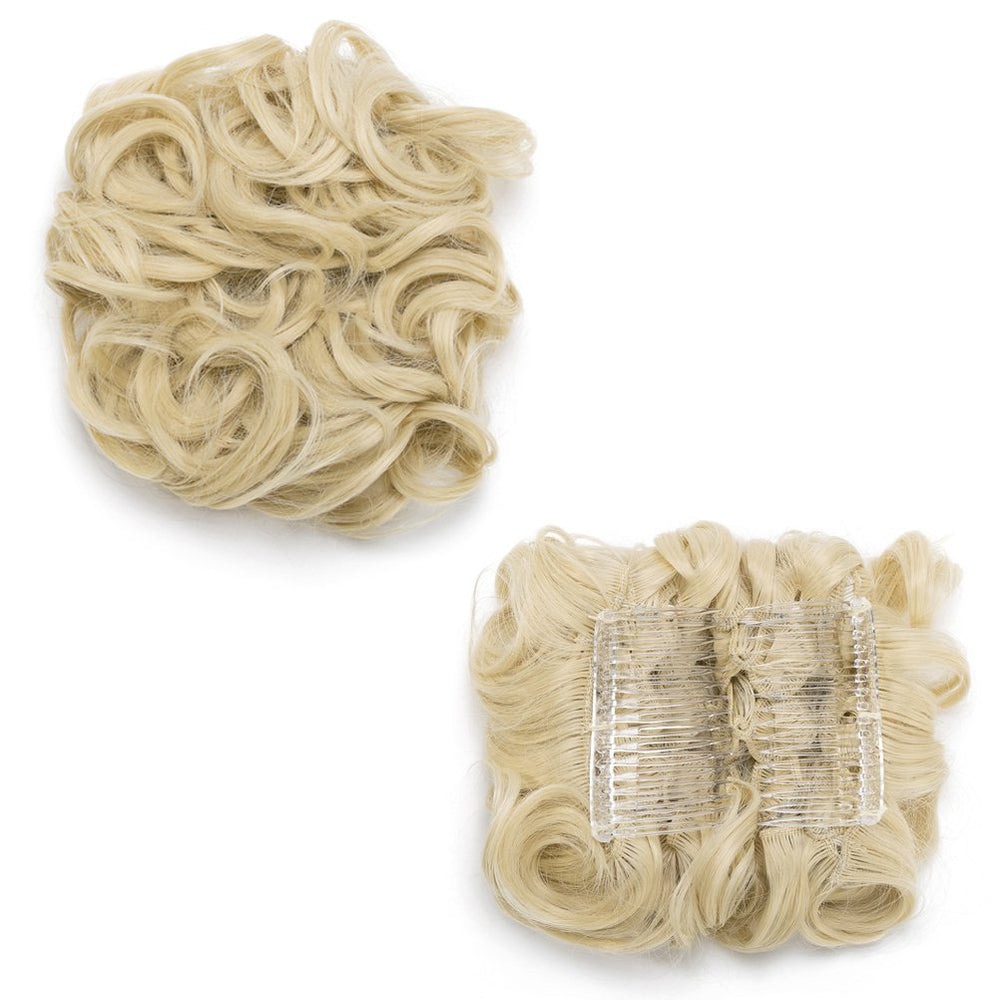 Messy Bun Hair Piece with Combs Clip in Bun Scrunchie Juva Bun Dish Fluffy Wavy Hair Updo Easy Stretch Big Chignon Short Ponytail Hairpiece for Women Bleach Blonde 90g