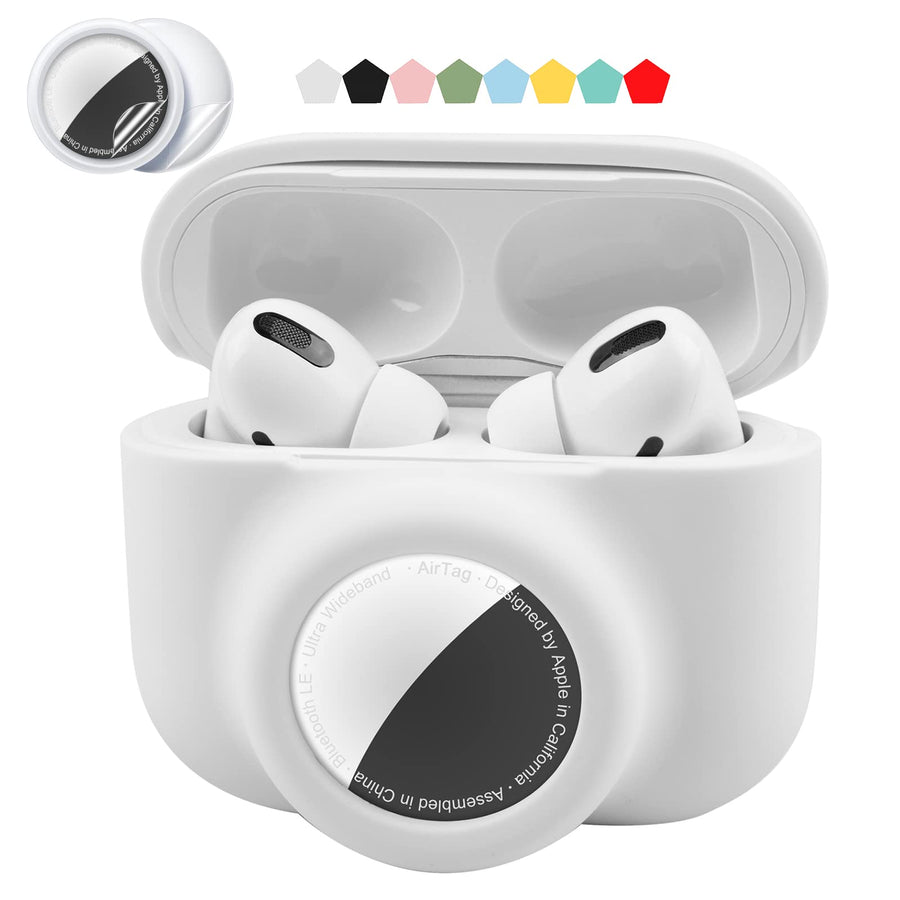 2 in 1 Protective Skin Case Compatible for Airpods Pro and Airtag Case Combo Set, Silicone GPS Tracker Cover Holder, Soft Shock-Proof Anti-Scratch Anti-Lost(White)