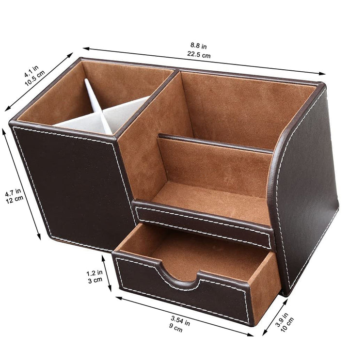 Desk Organizer Office Supplies Caddy Pu Leather Multi-function Storage Box Pen/Pencil,Cell phone, Business Name Cards Remote Control Holder with Small Drawer Brown