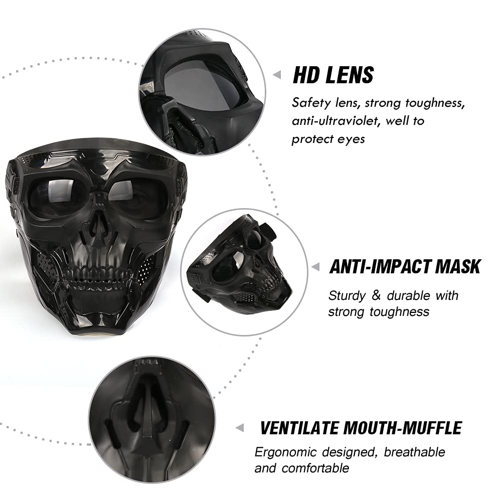 Motorcycle Skull Goggle Mask Riding Goggles Safety Road Riding UV Motorbike Glasses for Riding/Skiing/Snowing/Motorcycling/Halloween (Grey Lens)