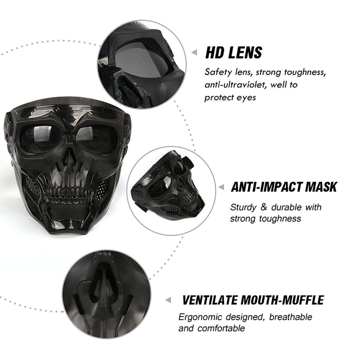 Motorcycle Skull Goggle Mask Riding Goggles Safety Road Riding UV Motorbike Glasses for Riding/Skiing/Snowing/Motorcycling/Halloween (Grey Lens)