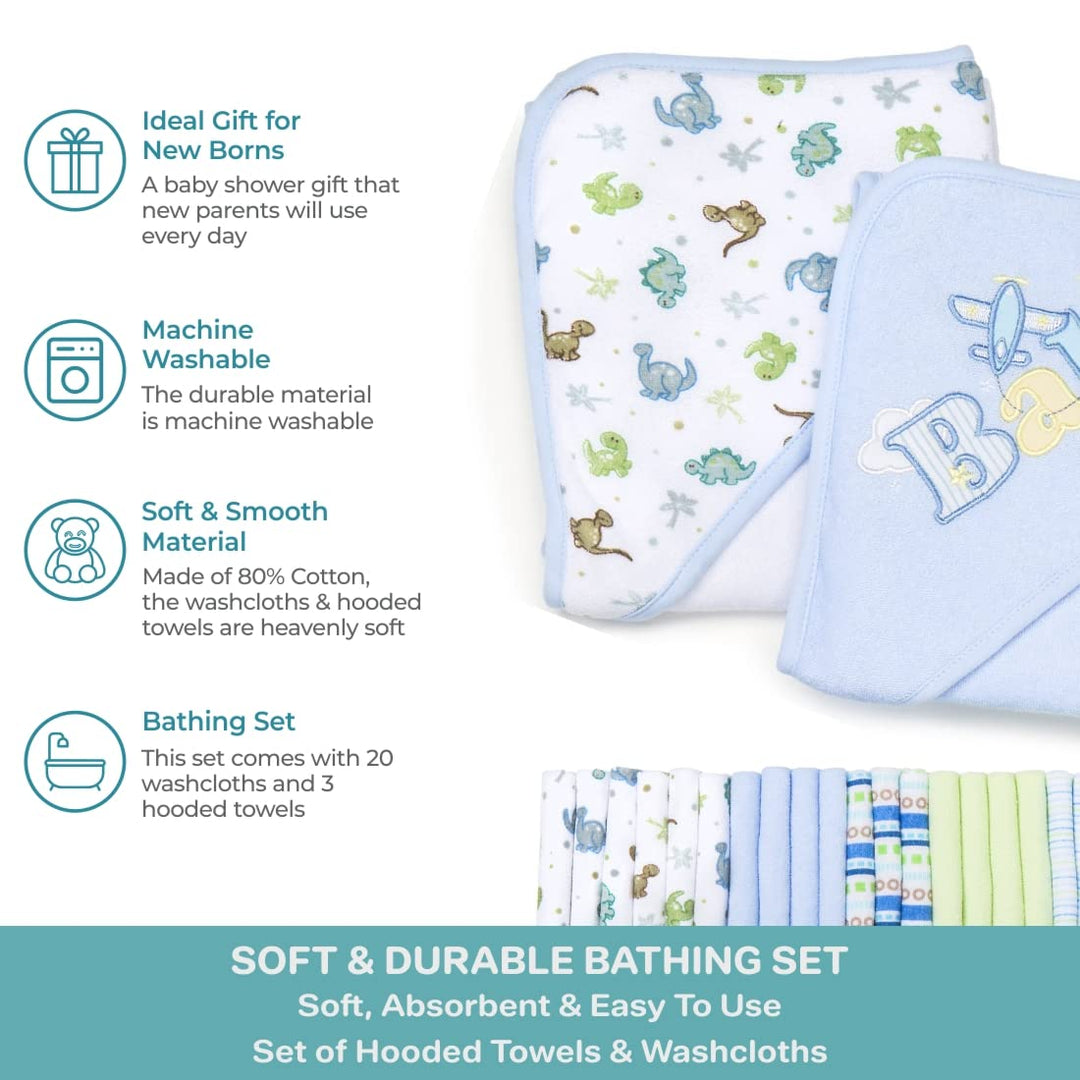 Bath Hooded Towels & Washcloths Set for Babies, 23-Piece Gift Set, Blue