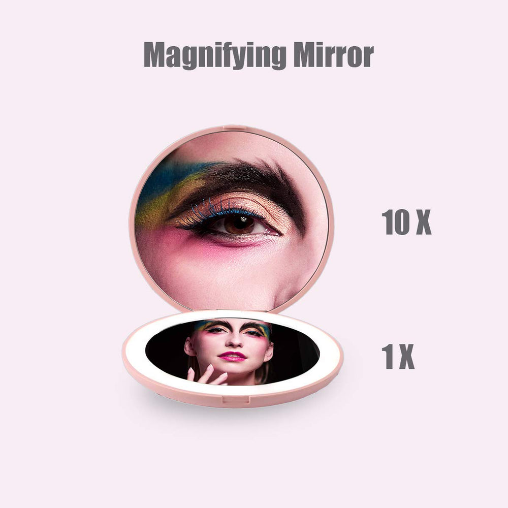 LED Compact Mirror, Lighted Travel Mirror, 10X Magnifying, Handheld, Double Sided, Portable Makeup Mirror for Pocket, Purse, Gift, Black, 3.5 inch Round