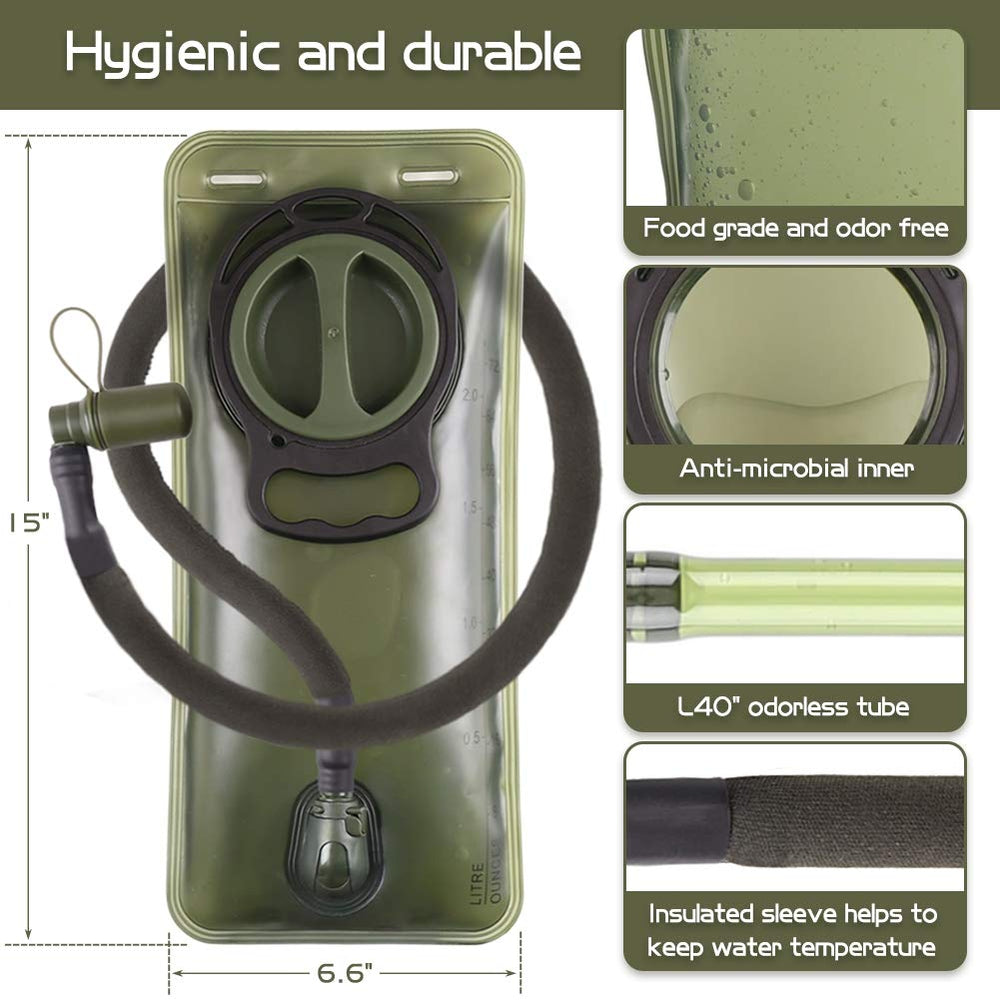 Hydration Bladder, 2L Water Bladder Military Green Leakproof Water Reservoir Storage Bag with Insulated Tube for Hydration Backpack, Outdoor Hiking Camping Running Cycling, Cleaning Kit