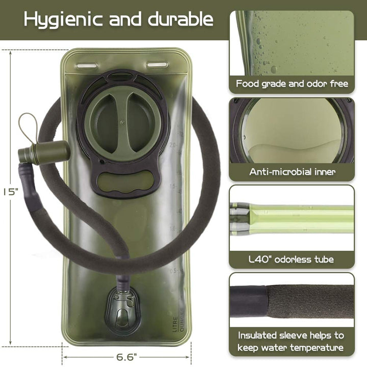 Hydration Bladder, 2L Water Bladder Military Green Leakproof Water Reservoir Storage Bag with Insulated Tube for Hydration Backpack, Outdoor Hiking Camping Running Cycling, Cleaning Kit