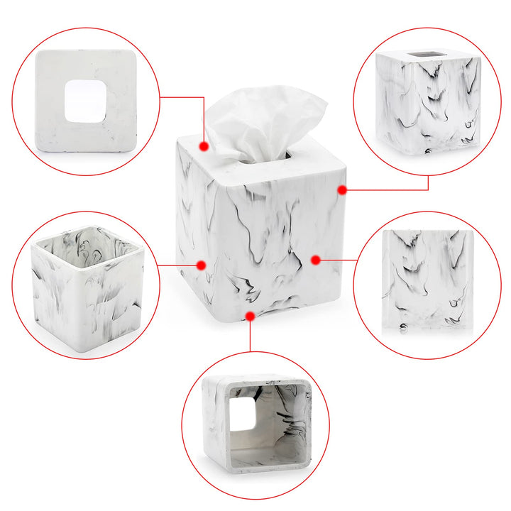 Resin Square Tissue Box Cover - Stylish Cube Tissue Box Holder with Open Bottom, Decorative Tissue Holder for Bathroom Vainty Toilet Dresser Desk Table Kitchen Countertop, Marble White