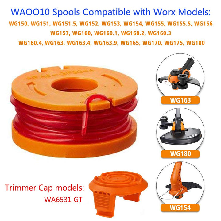 WA0010 Trimmer Replacement Spool Line, Compatible with Worx Trimmer spools Weed Eater String for Electric String Trimmers,Weed Wacker Spool Replacement Parts,(10ft 0.065,8 Pack Line,2 Cap)