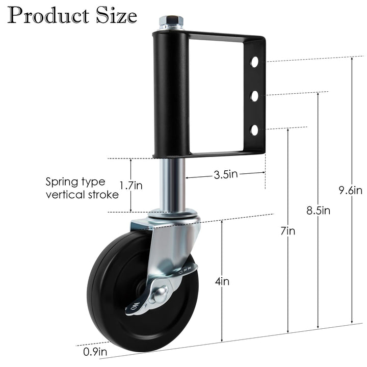 2 Pack Spring Loaded Gate Caster, Heavy Duty Gate Wheels with Universal Mount Plate, Rubber Gate Caster 220 Lbs Capacity, 4 Inches (Black), with Side Lock Brake