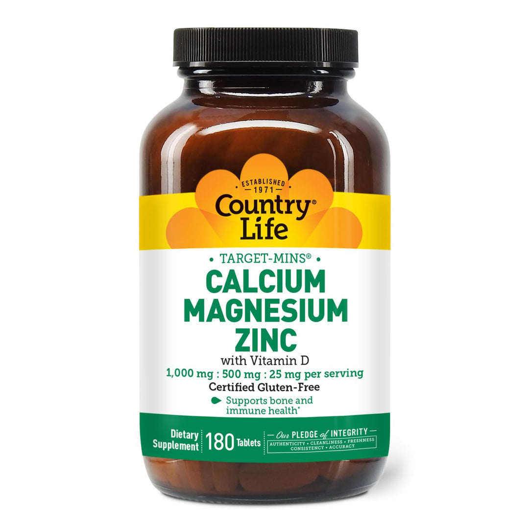 Calcium Magnesium Zinc with Vitamin D3 and L-Glutamic Acid, Dietary Supplement for Bone Support, Certified Gluten Free, 1000mg/500mg/25mg, 180 Tablets