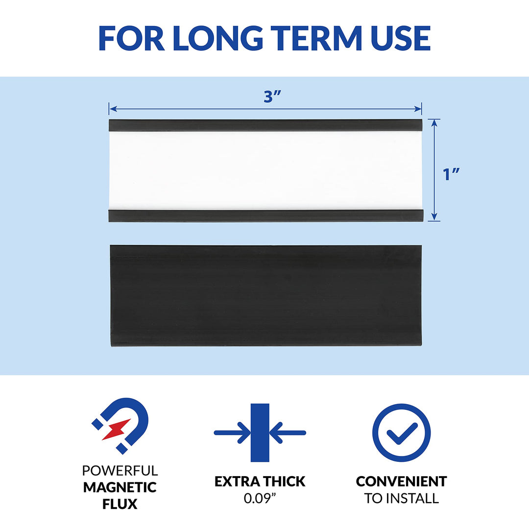 50 Pack C Channel Magnetic Label Holders 1x3 with 100 White Card Inserts, 50 Clear Plastic Protectors and Bonus 20 Colorful Cardstock Inserts in Blue, Green, Yellow and Red - Double-Sided Cards