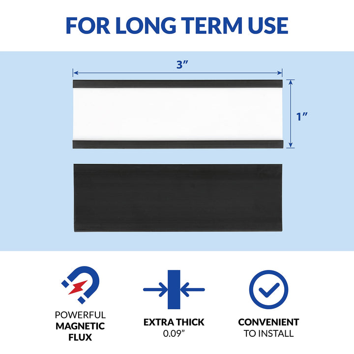 50 Pack C Channel Magnetic Label Holders 1x3 with 100 White Card Inserts, 50 Clear Plastic Protectors and Bonus 20 Colorful Cardstock Inserts in Blue, Green, Yellow and Red - Double-Sided Cards
