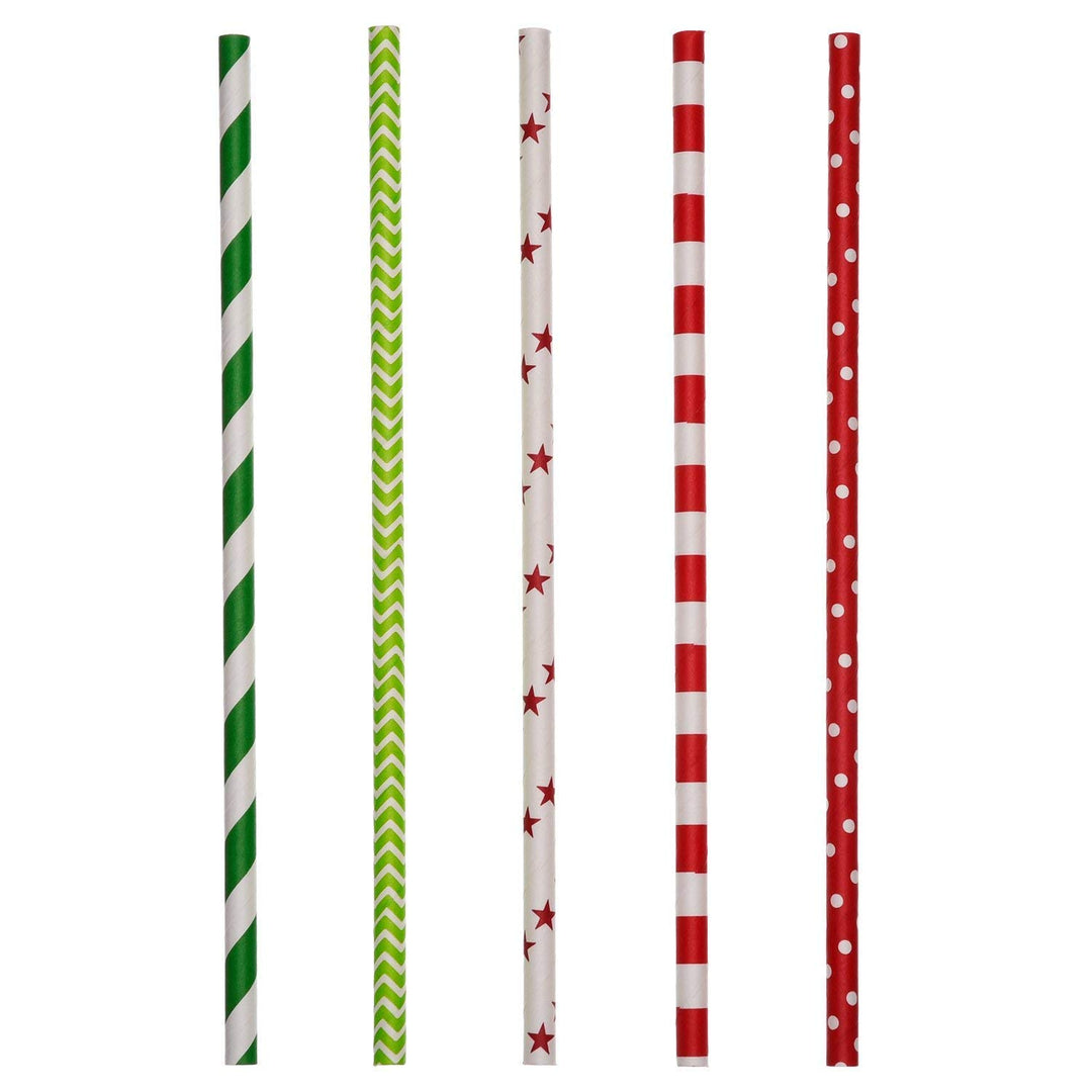Paper Straws Decorative Drinking Straws for New Year, 125 Pieces, Multi Patterns, Green and Red