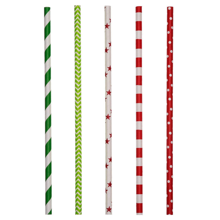 Paper Straws Decorative Drinking Straws for New Year, 125 Pieces, Multi Patterns, Green and Red