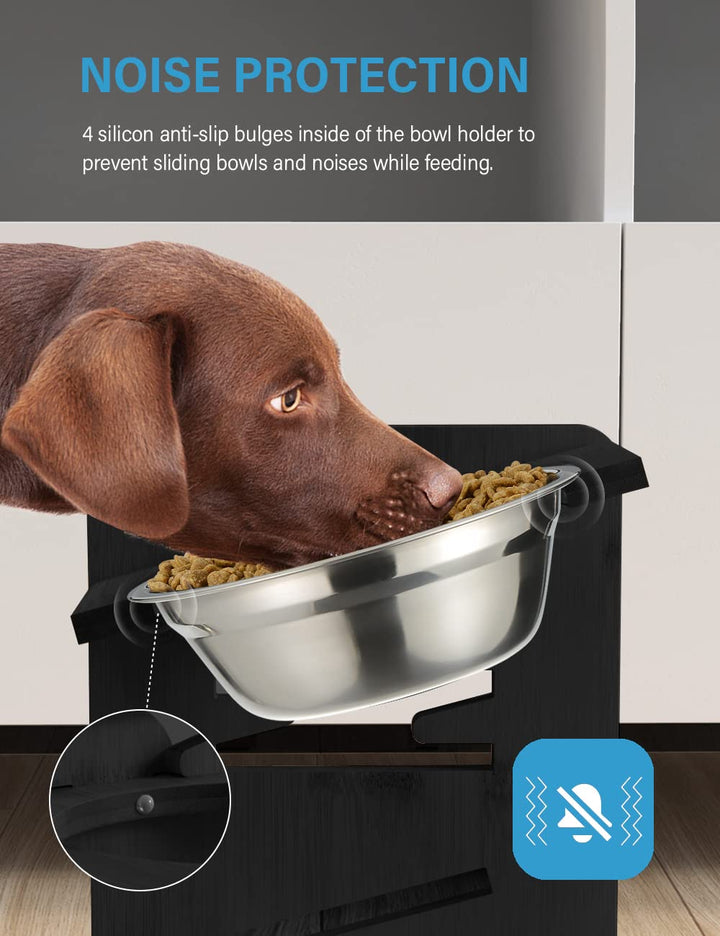 Elevated Dog Bowls, Adjustable Raised Dog Bowl Stand for Medium Sized Pet, Sturdy Bamboo Food Feeder with 2 Stainless Steel Dishes, Natural