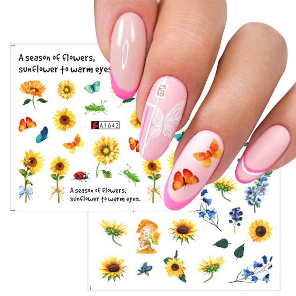 Sunflower Nail Stickers Floral Flower Nail Art Water Decals Transfer Foils for Nails Supply Watermark Small Daisy Flowers Designs Nail Tattoos for Women Nail Supplies Manicure Decorations 12PCS