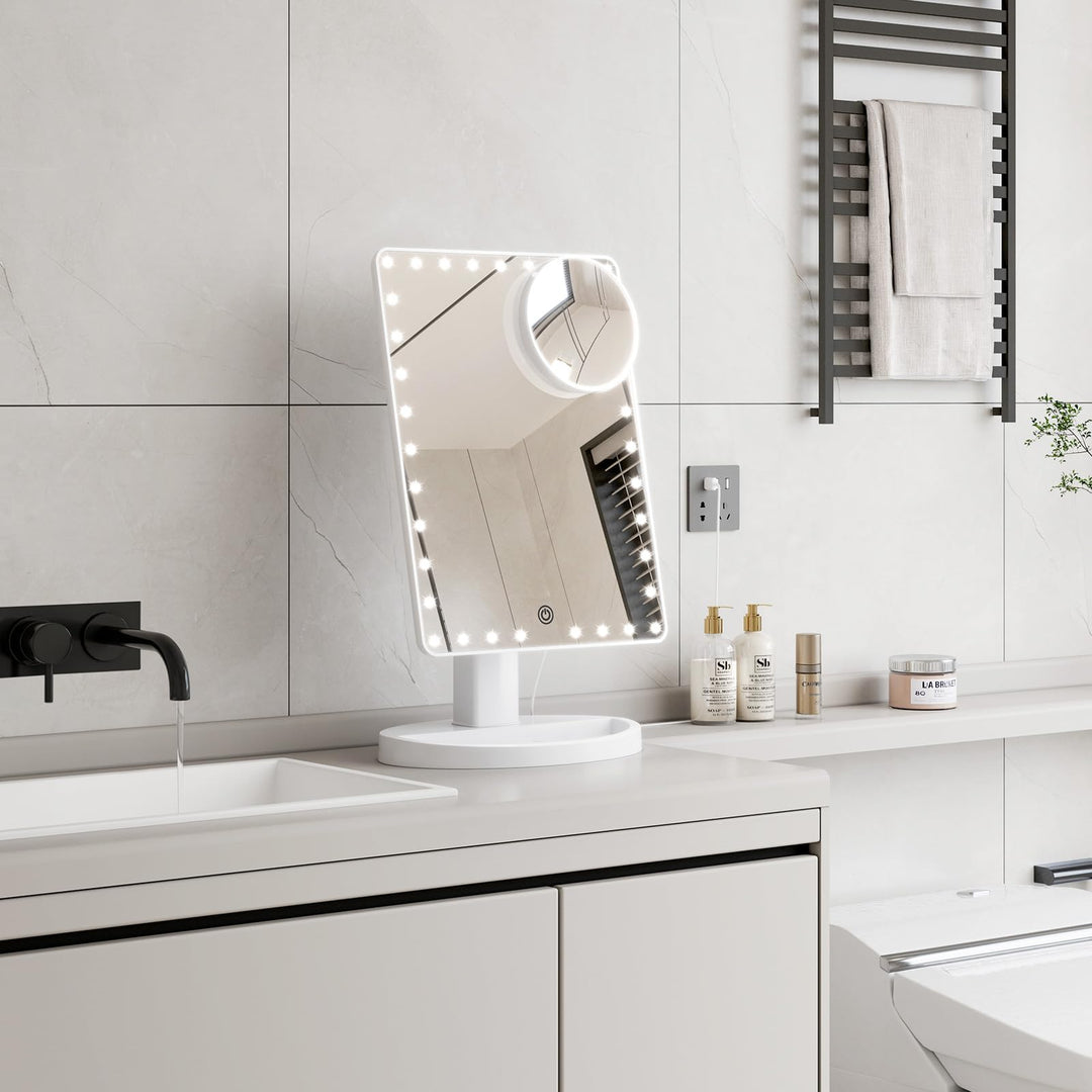 Large Lighted Vanity Makeup Mirror (X-Large) with 35 LED Lights, Touch Screen Dimmable and 10X Magnification Dual Power Supply 360°Rotation Tabletop Cosmetic Mirror