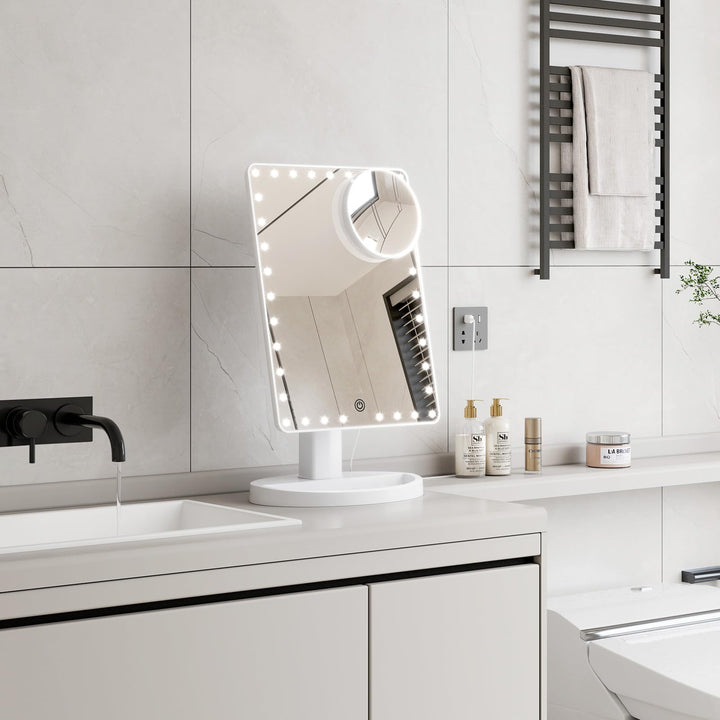 Large Lighted Vanity Makeup Mirror (X-Large) with 35 LED Lights, Touch Screen Dimmable and 10X Magnification Dual Power Supply 360°Rotation Tabletop Cosmetic Mirror