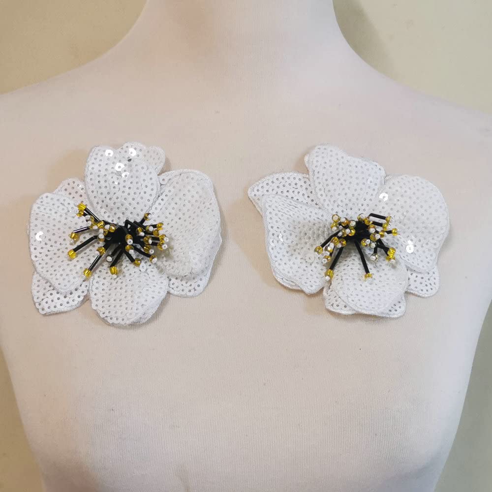 2 pcs Sequins Patch DIY Flower Beaded Patches for Clothes Sew On Paillette Embroidered Patch Motif Applique (White)