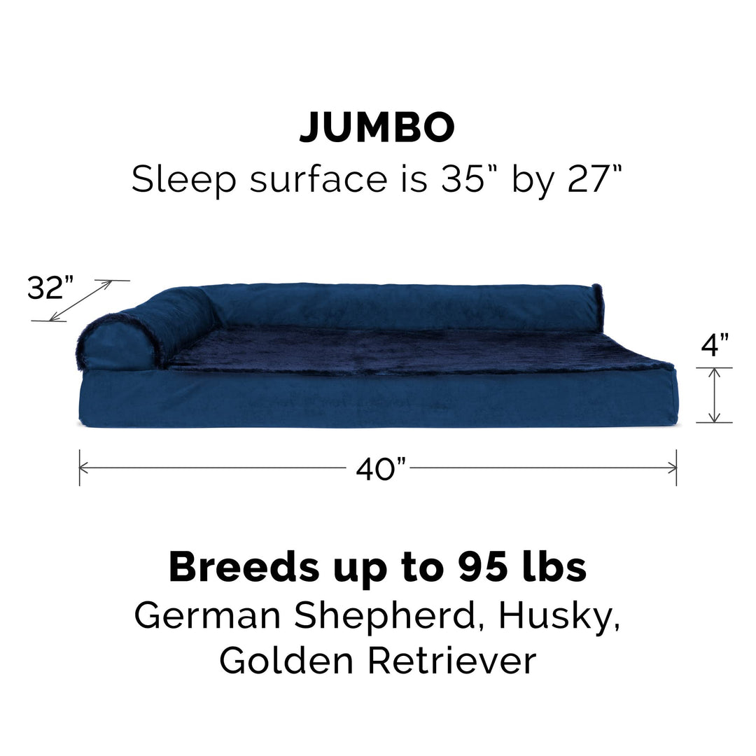Orthopedic Dog Bed for Large Dogs w/ Removable Bolsters & Washable Cover, For Dogs Up to 95 lbs - Plush & Velvet L Shaped Chaise - Deep Sapphire, Jumbo/XL