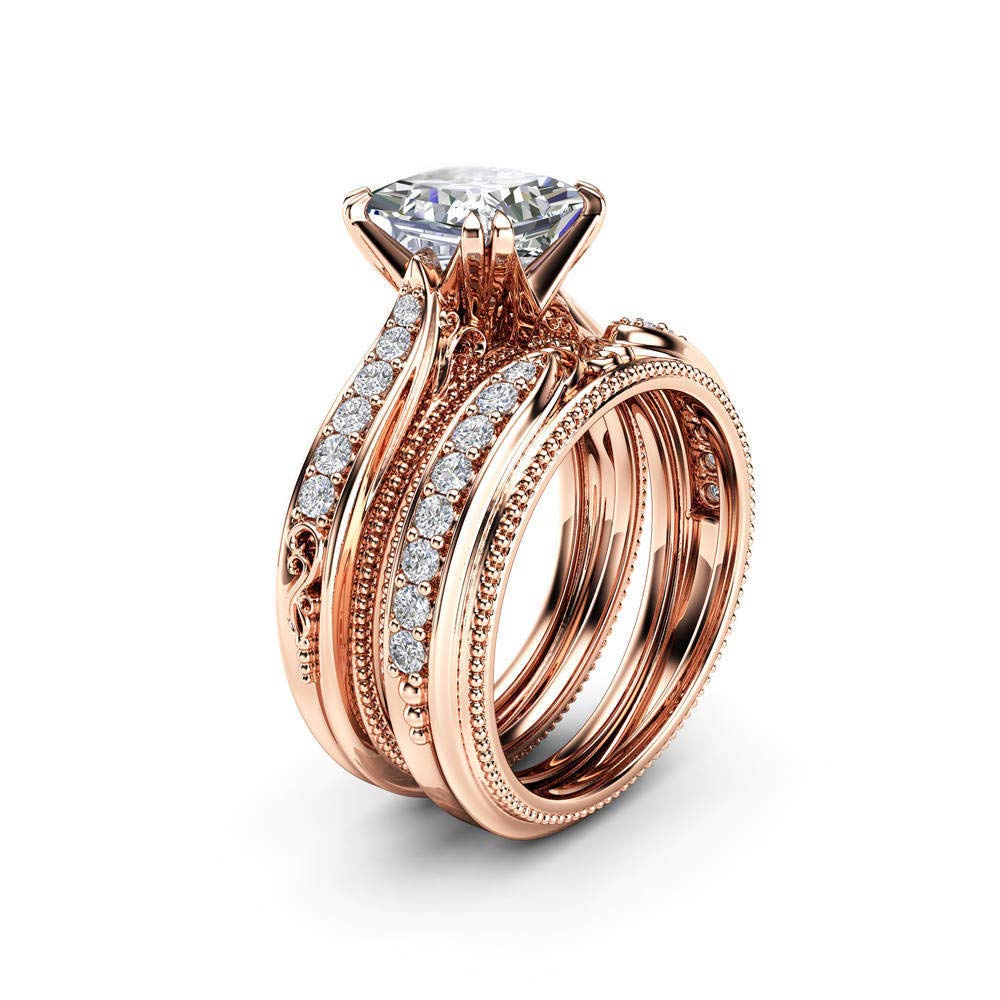925 Sterling Silver Fashion 18k Rose gold Bride Ring Round cut Cubic Zirconia Anniversary Promise Rings Set CZ Classic Eternity Engagement Wedding Band Ring for Women (US Code 6)
