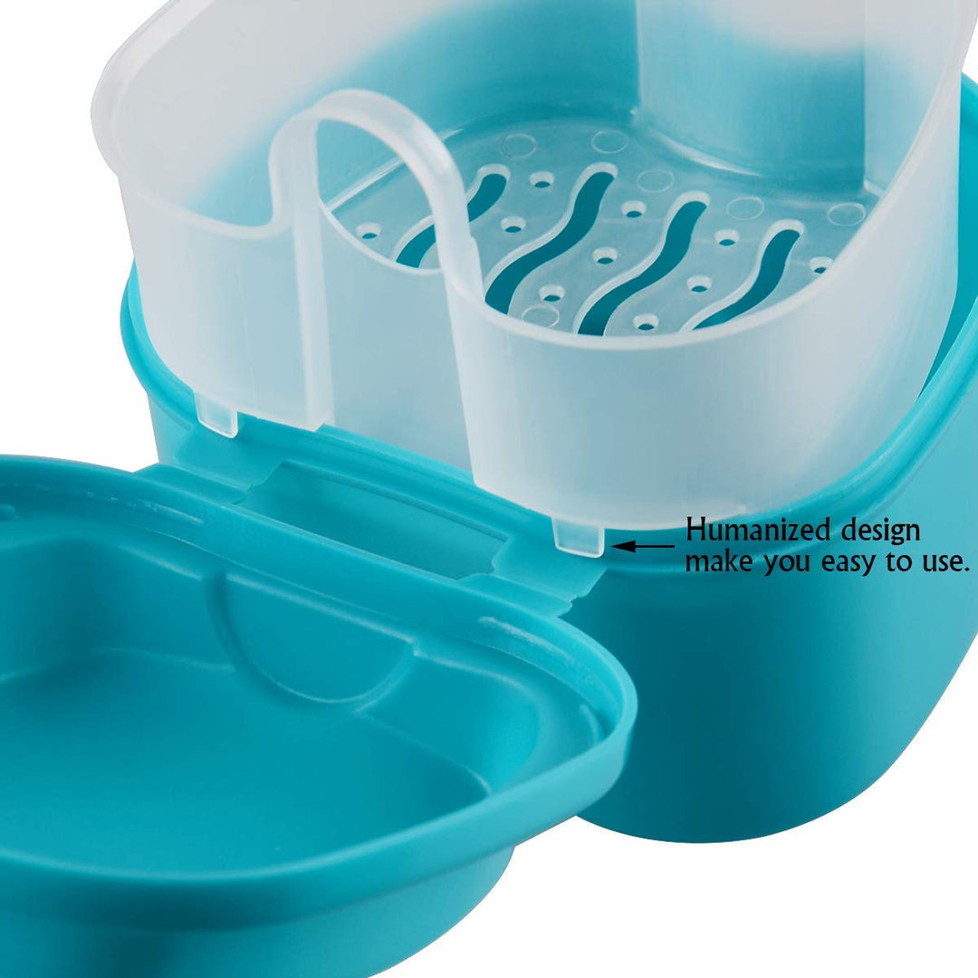 Blue: Denture Case, Denture Cup with Strainer, Denture Bath Box False Teeth Storage Box with Basket Net Container Holder for Travel, Retainer Cleaning (Blue) (Blue)