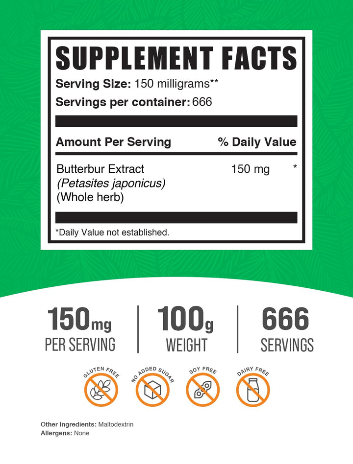 .com Butterbur Extract Powder - Butterbur Supplements, Antioxidants Supplement, Butterbur 150mg - Vegan & Gluten Free, 150mg per Serving, 100g (3.5 oz) (Pack of 1)
