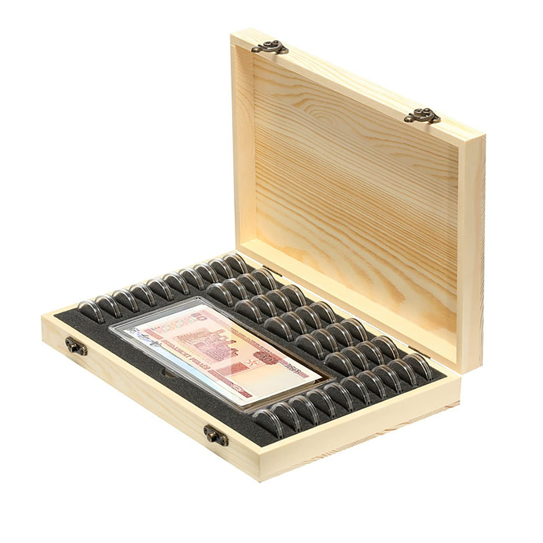 Wooden Coin Capsules Holder Case, Coin Storage Box Banknotes Collection Holder with Lock, Coin Collector Organizer Coin Display Commemorative Case for 40 Coins and 100 Banknotes