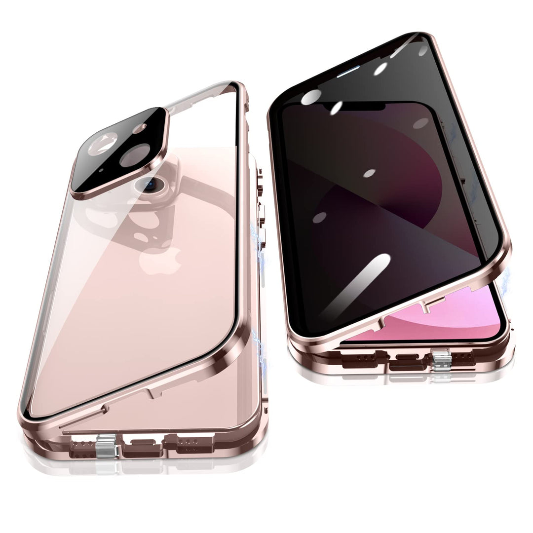 Anti Peeping Case for iPhone 13 (6.1), 360 Degree Front and Back Privacy Tempered Glass Cover, Anti SPY Screen, Anti Peep Magnetic Adsorption Metal Bumper for iPhone 13 (Pink)
