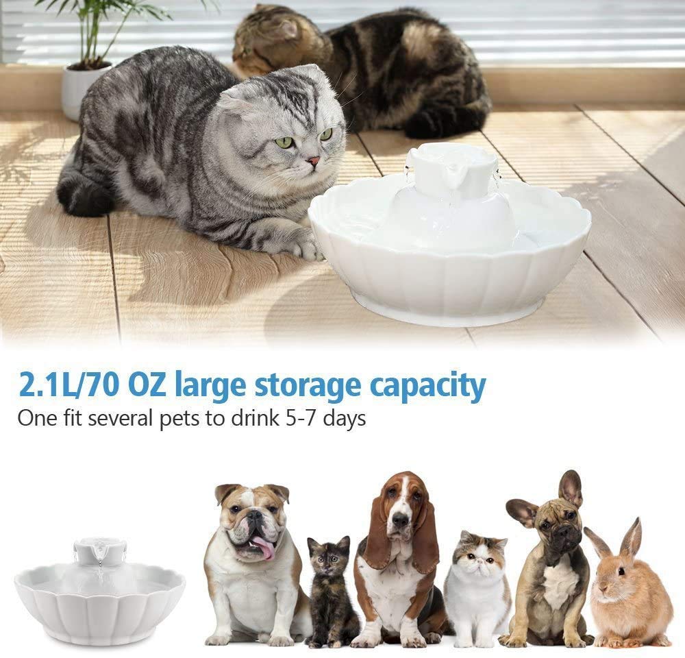 Tritone Ceramic Cat Water Fountain, Heavy-Duty Waterer for Pets, 2.1 Liters / 2.2 Quart Filtered Water Purifier with Replacement Filters and Foam, White