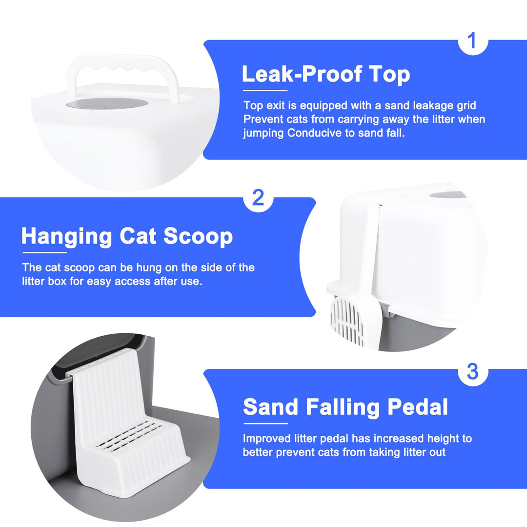 Cat Urine Litter Box with Pedal, Fully Enclosed Leak-Proof for Small Cats Under 8 IB, High Edge and Odorless, Easy to Carry and Clean (Grey with Handle, S)