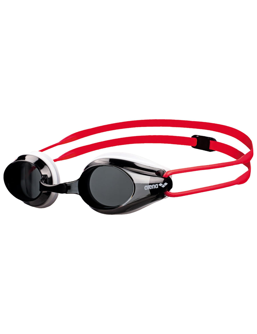 Arena Tracks Unisex Junior Youth Essential Racing Swim Goggles Kids Swimmers Young Racers 6-12 Anti-Fog Coated Non-Mirror Lens, Smoke/White/Red