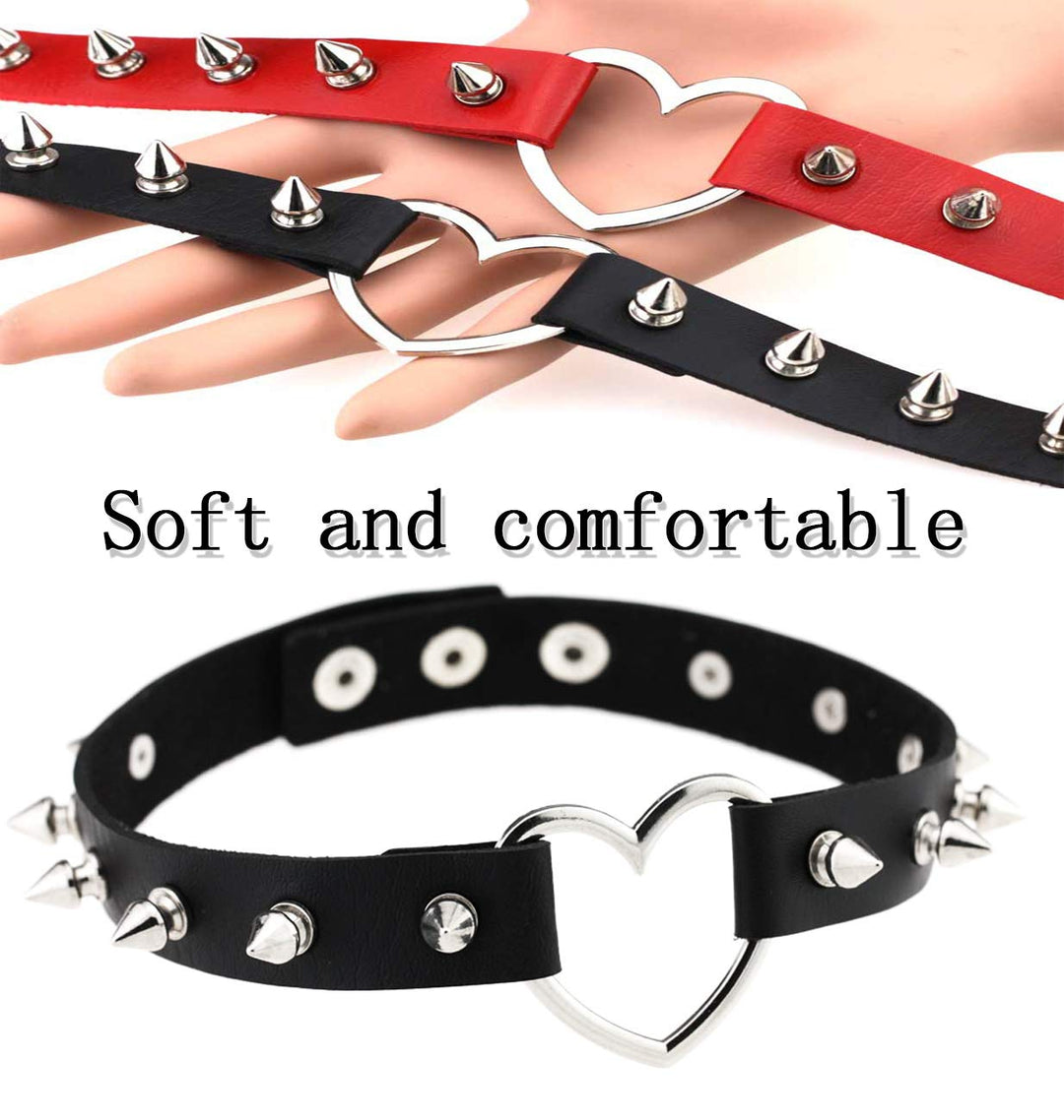 PU Leather Choker Goth Punk Choker O-Ring Spike Rivets and Love Heart Choker Collar Necklace Adjustable (K5)