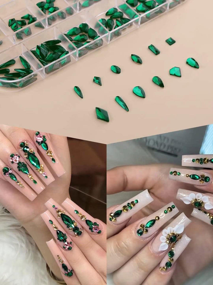 3120 Pcs Green Nail Art Rhinestone Gems Kit Nail Art Crystal Flat Back Nail Diamond Jewels with Tweezers and Drill Pen