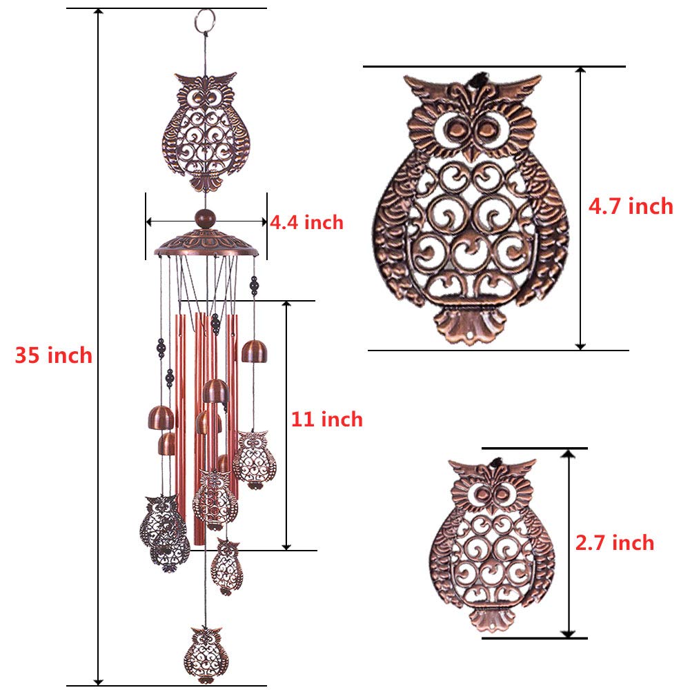 Owl Wind Chimes Outdoor Indoor Decor -with 4 Aluminum Tubes 6 Bells 7 Owls 37Inch Waterproof Mobile Romantic Wind Catcher Owl Windchimes for Home, Xmas Mom Gifts, Balcony, Festival, Garden Decoration