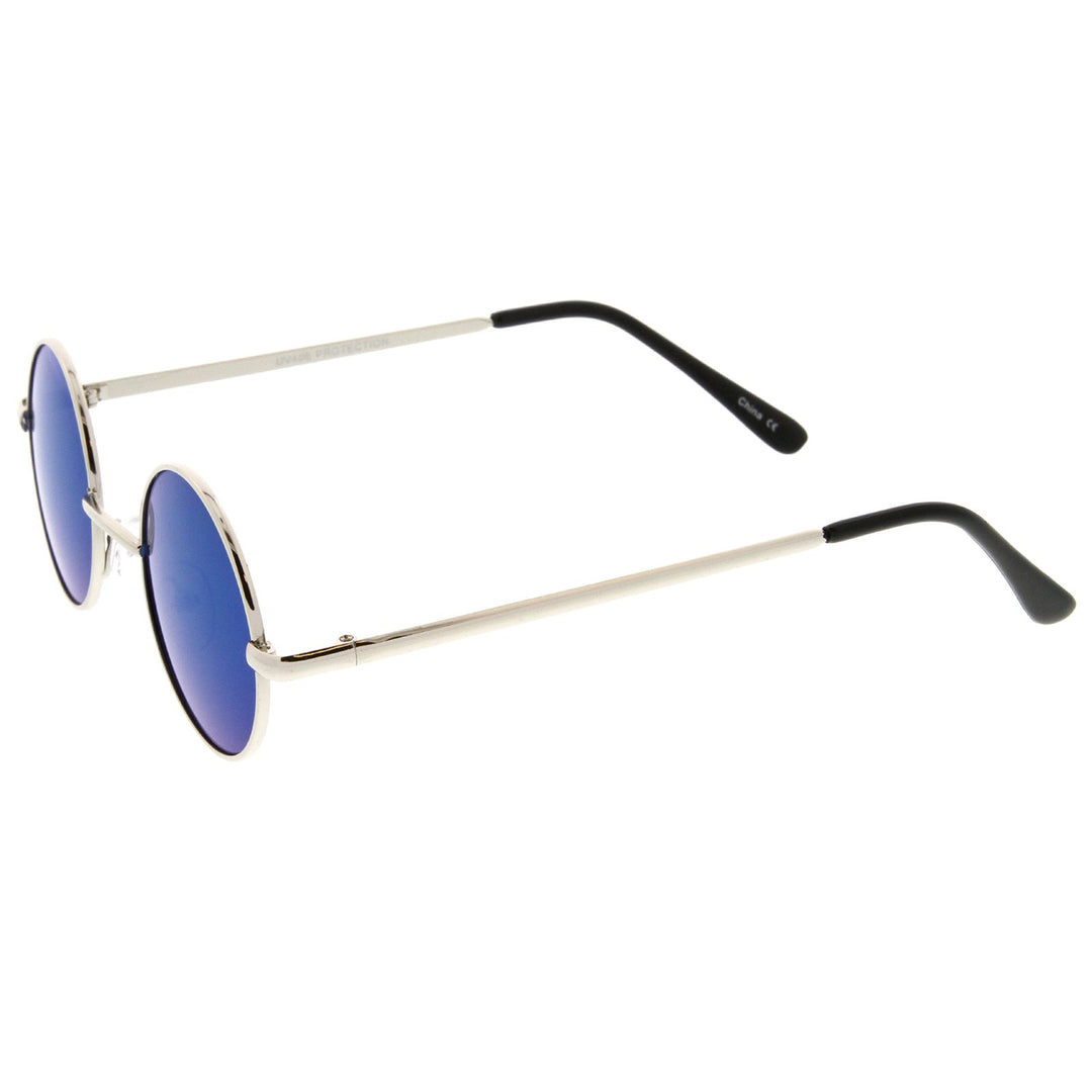 Small Retro Lennon Style Colored Mirror Lens Round Metal Sunglasses 41mm (Silver/Blue Mirror)