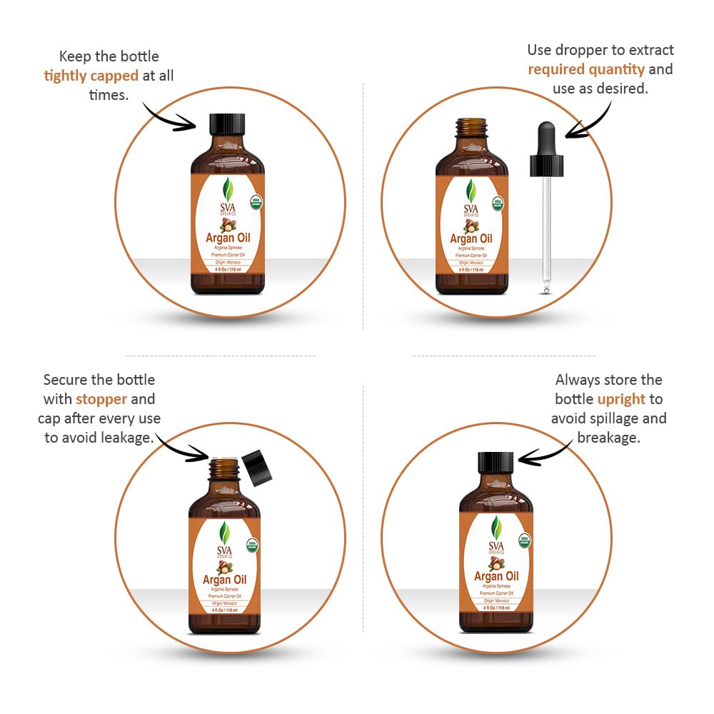 SVA Argan Oil Organic - 4 Fl Oz – 100% Natural Cold Pressed Organic Argan Oil - for Face, Skin Care, Hair Care, Scalp Massage & Body Massage – Carrier Oil with Dropper