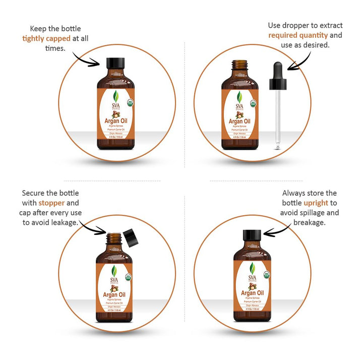 SVA Argan Oil Organic - 4 Fl Oz – 100% Natural Cold Pressed Organic Argan Oil - for Face, Skin Care, Hair Care, Scalp Massage & Body Massage – Carrier Oil with Dropper