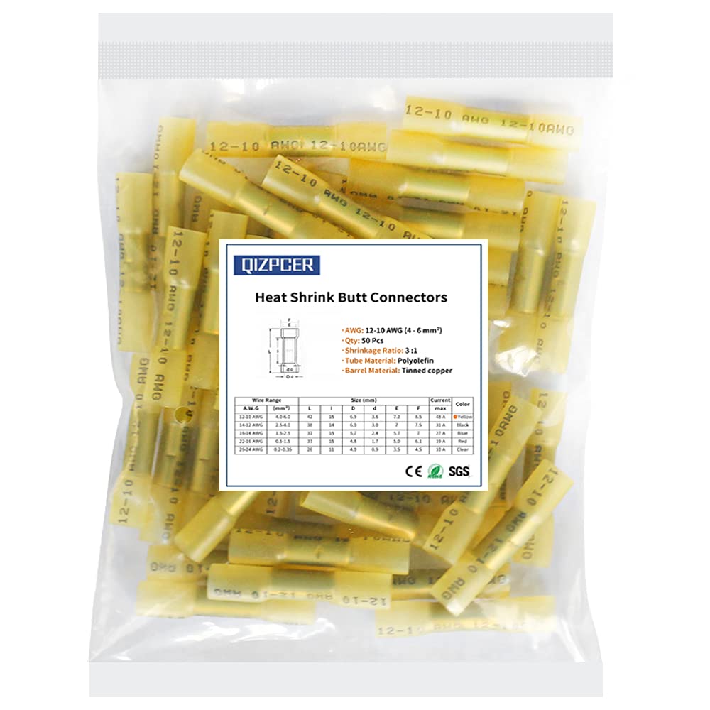 Heat Shrink Butt Connectors, 12-10 AWG 50 Pcs Yellow Waterproof Crimp Terminals Electrical Wire Connectors Splice for Marine, Cable, Wiring