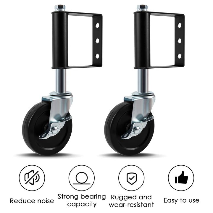 2 Pack Spring Loaded Gate Caster, Heavy Duty Gate Wheels with Universal Mount Plate, Rubber Gate Caster 220 Lbs Capacity, 4 Inches (Black), with Side Lock Brake