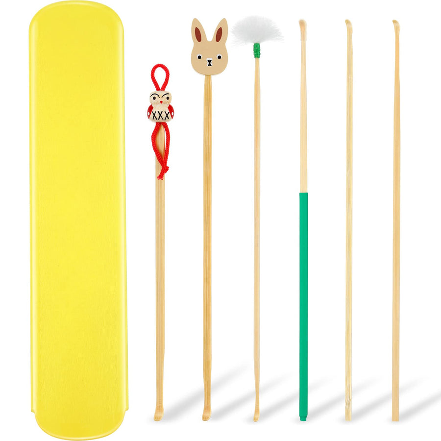 6 Pieces Bamboo Ear Cleaner Wood Ear Pick Bamboo Ear Pickers Ear Cleaning Tools for Humans Bamboo Ear Cleaner Cute Doll Bunny Goose Feather Earpick for Adults Kids Ear Cleaning Kit