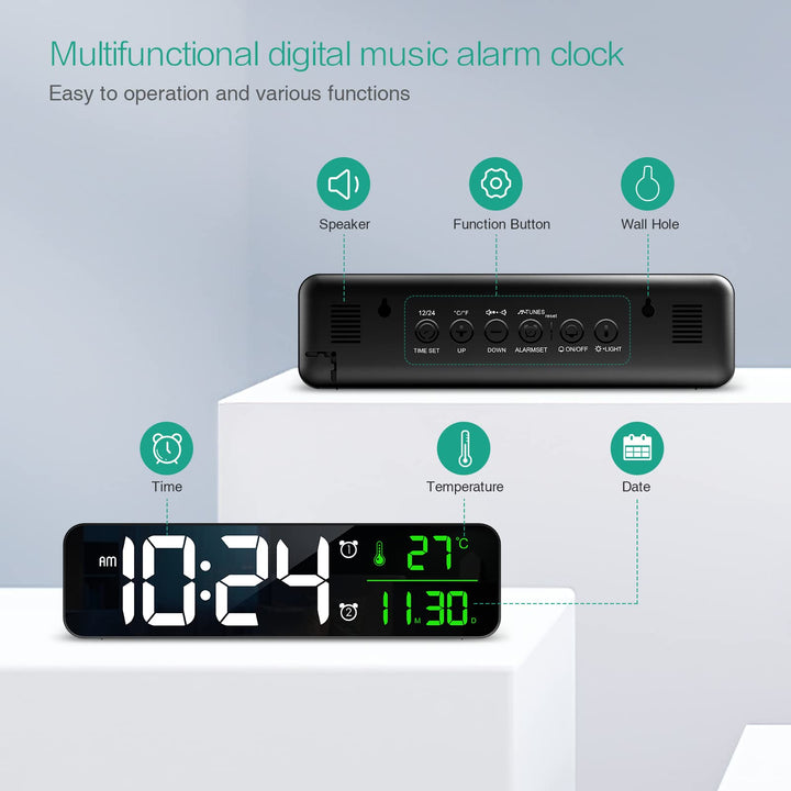 Digital Wall Clock, 10.5'' Large Display Wall Clock for Bedroom, LED Electronic Clock with Temp & Date Display, 40 Tones, 2 Alarms, 4 Volume, 6 Brightness Dimmer