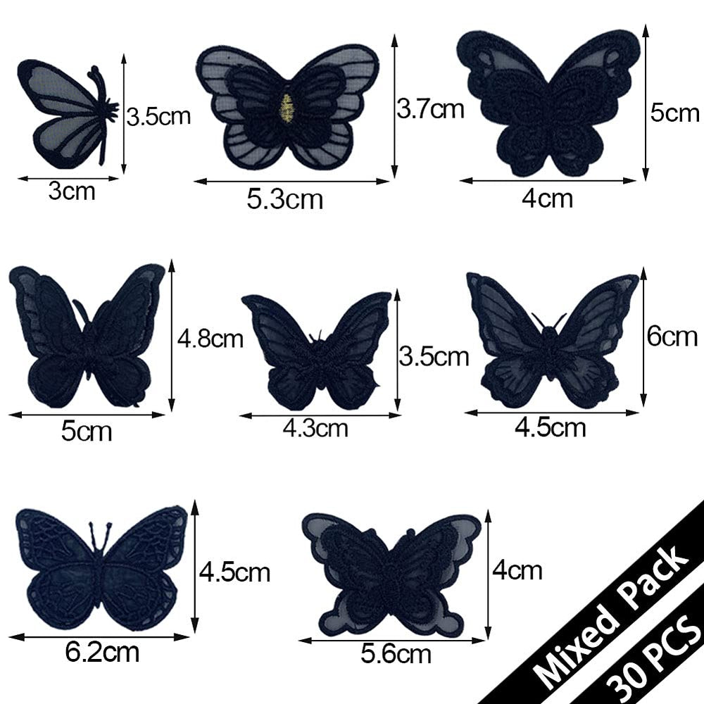 30 PCS Double Layers Lace Butterfly Applique Embroidery Butterfly Sew Iron On Patch, Organza Patches Butterfly Applique for Wedding Bridal Dress Sewing Craft DIY Clothes Hair Ornaments etc (Black)