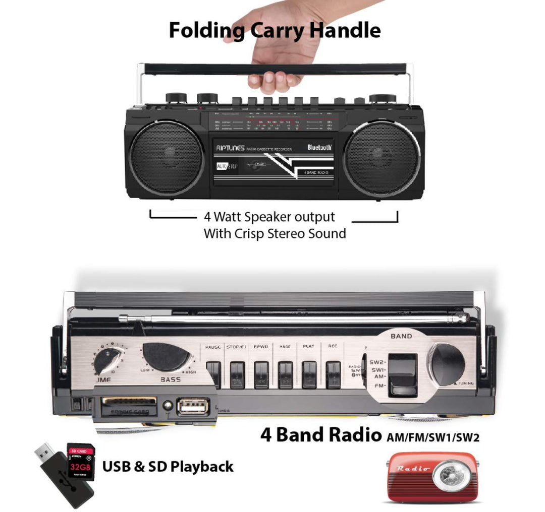 Cassette Boombox, Retro Blueooth Boombox, Cassette Player and Recorder, AM/FM/SW-1-SW2 Radio-4-Band Radio, USB, SD, Silver