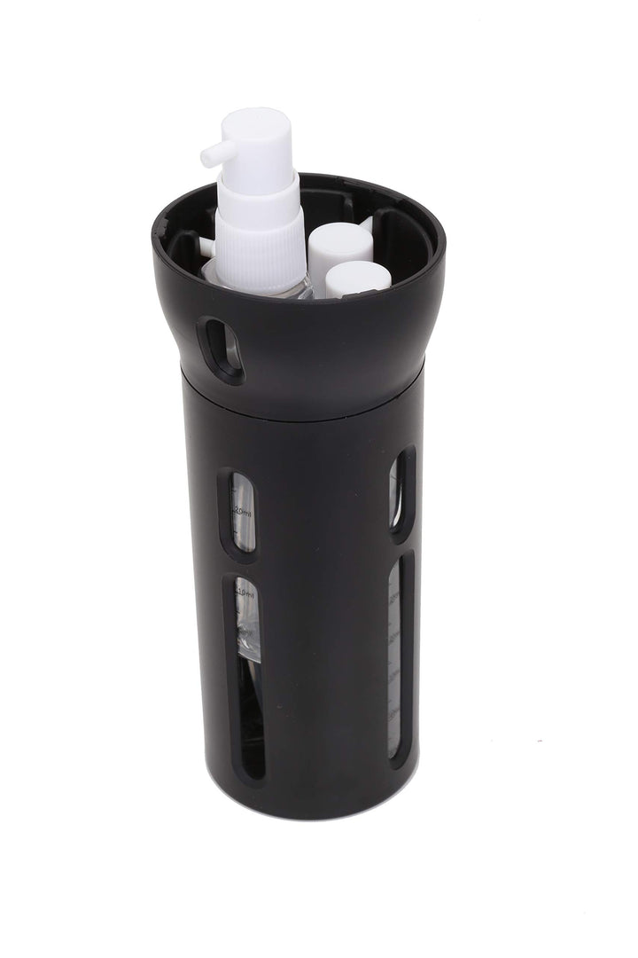 4-in-1 Travel Bottle Dispenser, TSA Approved, Includes Four Empty Reusable 1.4 oz. (40 mL) Cosmetic Toiletry Containers for Sanitizer, Soap, Lotions, Skincare, Makeup Products (Black)